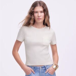 Madewell NWT Slim Fit Garment-Dyed Ribbed Crewneck Pocket Tee Size Medium Ivory